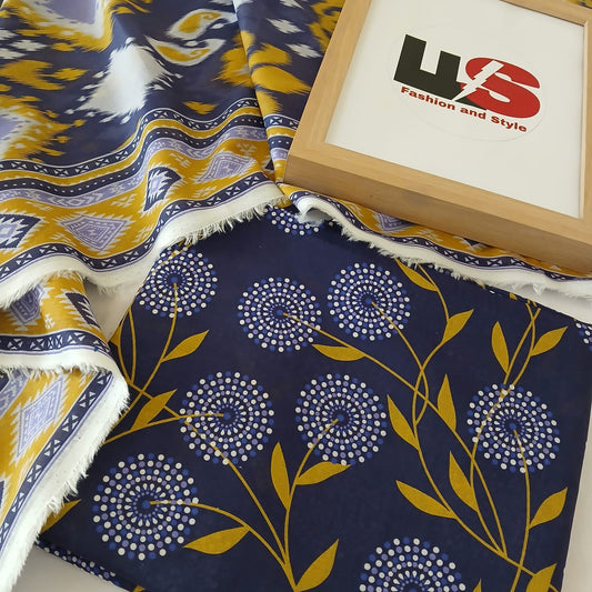 Front view of blue unstitched 3 piece lawn suit with digital printed design