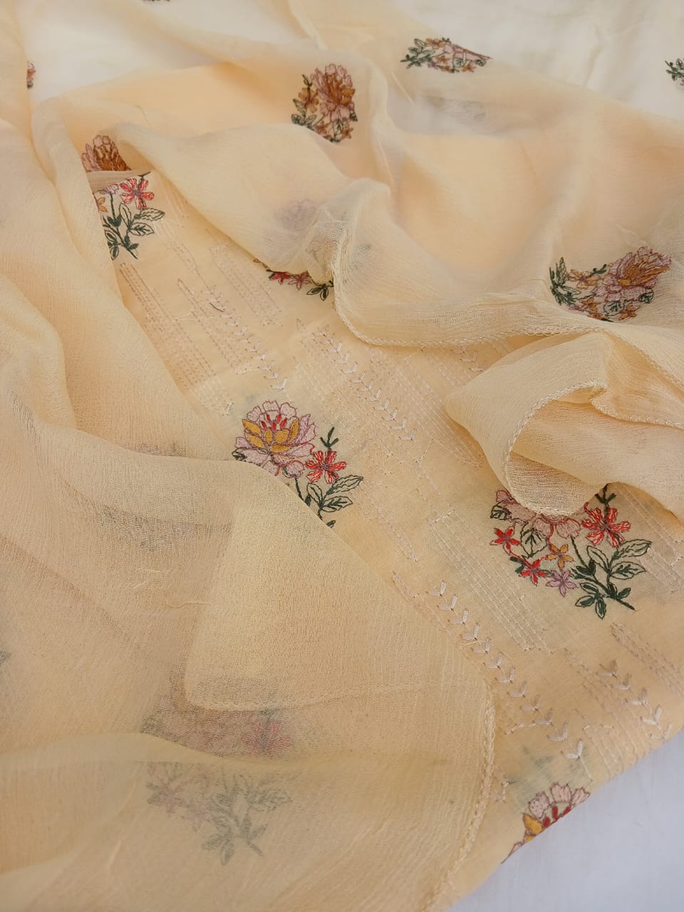 Full embroidered lawn shirt with floral embroidery in cream beige color for women