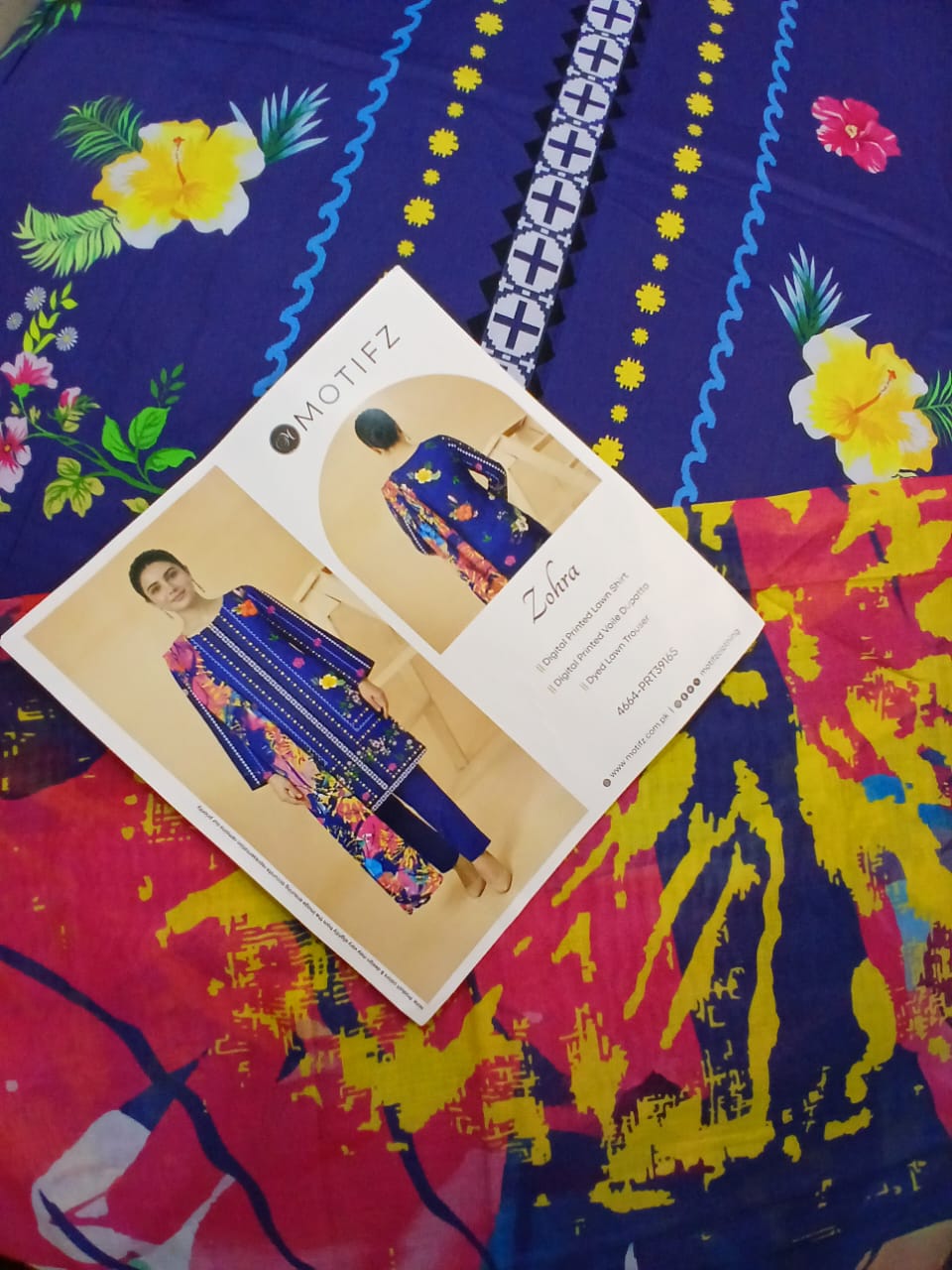 motifz zohra lawn shirt border pattern blue yellow floral detail